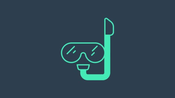Tyrkysová potápěčská maska a šnorchl ikona izolované na modrém pozadí. Extrémní sport. Potápěčské vybavení. Grafická animace pohybu videa 4K — Stock video