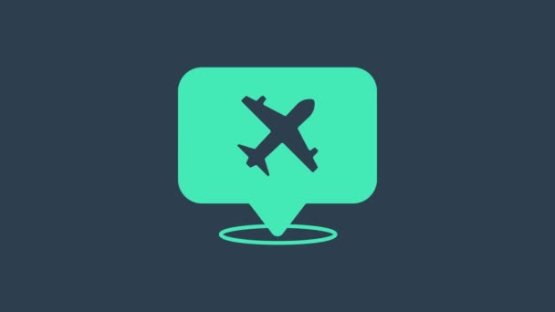 Bolla turchese discorso con icona di viaggio aereo isolato su sfondo blu. Segno di trasporto aereo. Simbolo delle vacanze. Animazione grafica 4K Video motion — Video Stock