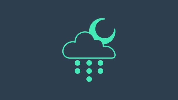 Turkos moln med regn och månen ikon isolerad på blå bakgrund. Regn moln nederbörd med regndroppar. 4K Video motion grafisk animation — Stockvideo