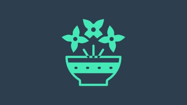 Fleur turquoise dans l'icône du vase isolé sur fond bleu. Animation graphique de mouvement vidéo 4K — Video