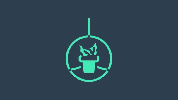 Tyrkysová rostlina v zavěšení ikony hrnce izolované na modrém pozadí. Dekorativní makrame ručně vyráběné ramínka na květináč, pověsit vnitřní rostliny. Grafická animace pohybu videa 4K — Stock video