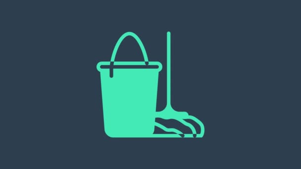 Turquoise Mop and bucket icon isolated on blue background. Cleaning service concept. 4K Video motion graphic animation — Stock Video