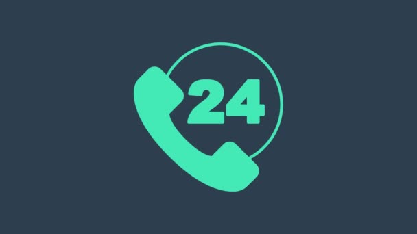 Бирюзовый телефон 24 часа поддержка значок изолирован на синем фоне. Круглосуточный call-центр поддержки клиентов. Звонки на полный рабочий день. Видеографическая анимация 4K — стоковое видео