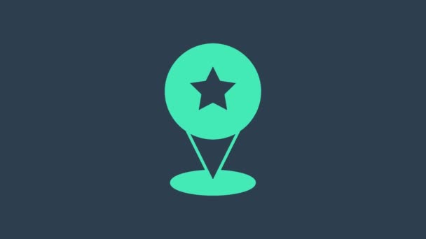 Ponteiro de mapa turquesa com ícone de estrela isolado no fundo azul. ícone de mapa de pino favorito estrela. Marcadores de mapa. Animação gráfica em movimento de vídeo 4K — Vídeo de Stock