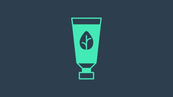 Бирюзовая органическая косметическая икона выделена на синем фоне. Средства для ухода за телом. Видеографическая анимация 4K — стоковое видео