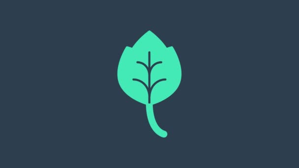 绿松石叶子图标孤立在蓝色背景上.叶子的标志。新鲜的自然产品符号。4K视频运动图形动画 — 图库视频影像
