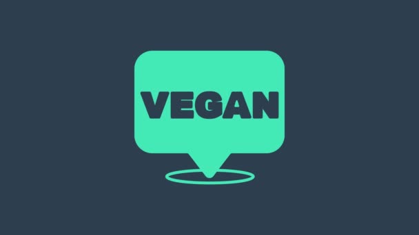 Icono de dieta de alimentos veganos de color turquesa aislado sobre fondo azul. Orgánica, bio, eco símbolo. Vegano, sin carne, sin lactosa, saludable, alimentos frescos y no violentos. Animación gráfica de vídeo 4K — Vídeos de Stock