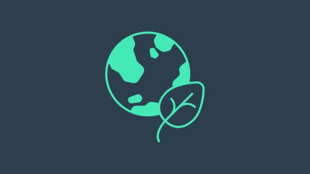 Turkos jordklotet och blad ikon isolerad på blå bakgrund. Världs- eller jordtecken. Geometriska former. Miljökoncept. 4K Video motion grafisk animation — Stockvideo