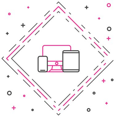 Çizgi bilgisayar monitörü, grafik tablet ve cep telefonu simgesi beyaz arkaplanda izole edildi. İnternetten kazanç, pazarlama. Renkli taslak konsepti. Vektör.