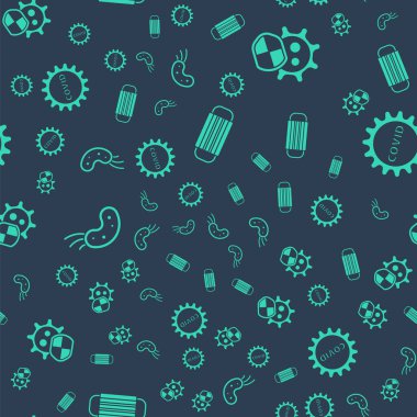 Tıbbi koruyucu maske, virüse karşı kalkan, virüs ve Corona virüsü kovid-19 'u kusursuz desene ayarlayın. Vektör.