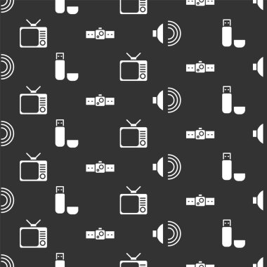 Hoparlör sesini, USB flash diskini, Retro TV 'yi ve Smartwatch' i kusursuz desene ayarla. Vektör.