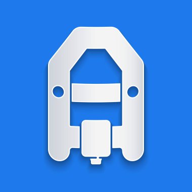 Kağıt kesiği Rafting teknesi simgesi mavi arka planda izole edilmiş. Kürekleri olan şişme bir tekne. Su sporları, ekstrem sporlar, tatil, tatil. Kağıt sanatı tarzı. Vektör.