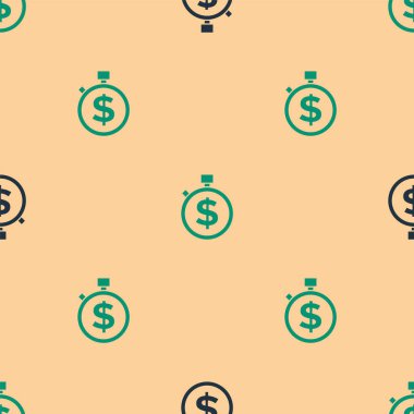 Yeşil ve Siyah Zaman, bej arka planda izole edilmiş para simgesidir. Para zamandır. Etkili zaman yönetimi. Zamanı paraya çevir. Kronometre işareti. Vektör.