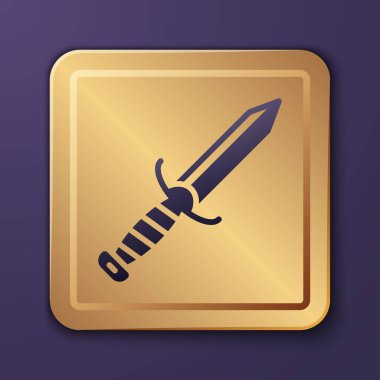 Mor askeri bıçak ikonu, mor arka planda izole edilmiş. Altın kare düğme. Vektör.