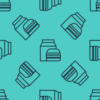 Siyah çizgi çevrimiçi sipariş ve hamburger dağıtım ikonu yeşil arka planda izole edilmiş pürüzsüz desen. Vektör İllüstrasyonu.