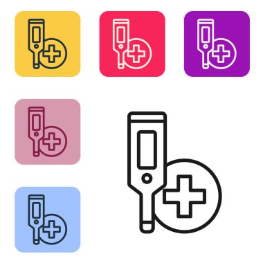 Tıbbi muayene ikonu için siyah çizgi dijital termometresi beyaz arka planda izole edildi. Renkli kare düğmelerle simgeleri ayarla. Vektör.