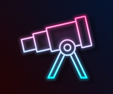 Parlayan neon hattı Teleskop simgesi siyah arkaplanda izole edildi. Bilimsel bir alet. Eğitim ve astronomi elementi, dürbün ve çalışma yıldızları. Vektör.