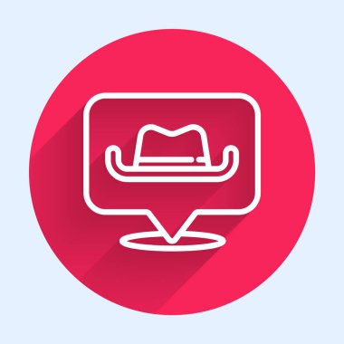 Beyaz çizgi konum kovboy ikonu uzun gölgeli izole edilmiş. Kırmızı daire düğmesi. Vektör.