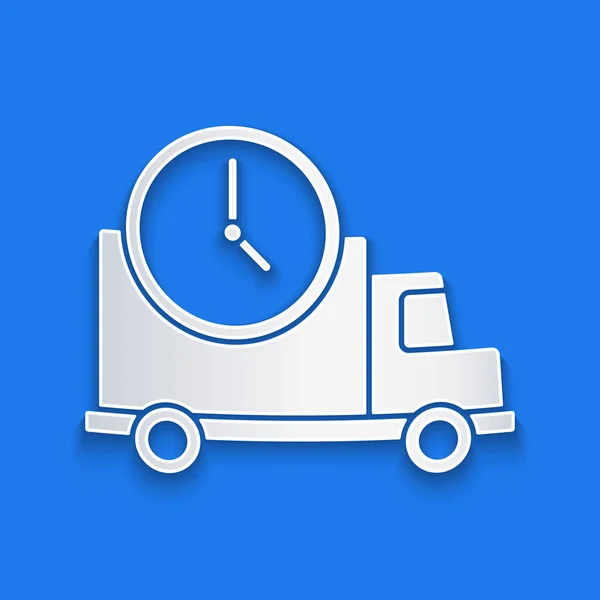 Χαρτί Περικοπή Logistics Παράδοση Φορτηγό Και Ρολόι Εικονίδιο Απομονώνονται Μπλε — Διανυσματικό Αρχείο