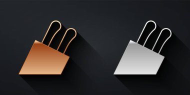 Siyah arka planda altın ve gümüş bıçak ikonu var. Çatal bıçak sembolü. Uzun gölge tarzı. Vektör.