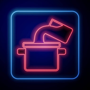 Siyah arka planda parlayan neon tencere ikonu izole edildi. Haşlama ya da güveç besin sembolü. Vektör.