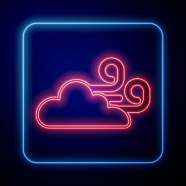 Parlayan neon rüzgarlı hava ikonu siyah arkaplanda izole edildi. Bulut ve rüzgar. Vektör.