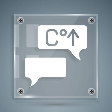 Beyaz Gezegen Dünyası, gri arka planda izole edilmiş küresel ısınma ikonuna dönüşüyor. Ekolojik problemler ve çözümler - termometre. Kare cam paneller. Vektör.