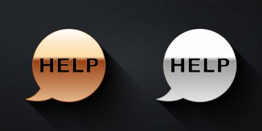 Metin içerikli altın ve gümüş renkli konuşma balonu siyah arkaplanda izole edilmiş bir simge. Uzun gölge tarzı. Vektör.