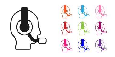 Beyaz arka planda izole edilmiş bir kulaklık simgesi olan siyah adam. Destek operatörü hatta. Çağrı merkezi konsepti, müşteri destek servisi. Simgeleri renklendirin. Vektör.