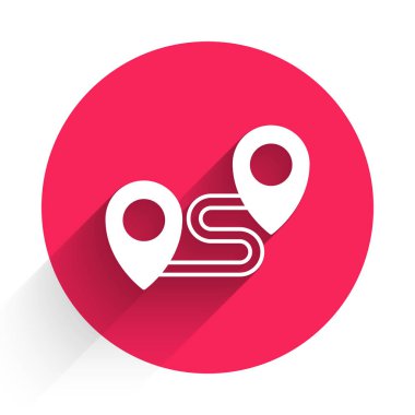 Beyaz Yol konum simgesi uzun gölgeli izole edildi. Harita işaretçisi işareti. Yol ya da yol kavramı. GPS navigatörü. Kırmızı daire düğmesi. Vektör.