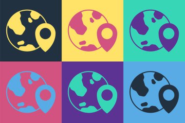 Dünya ikonundaki pop sanat konumu renk arkaplanında izole edilmiş. Dünya ya da Dünya işareti. Vektör.