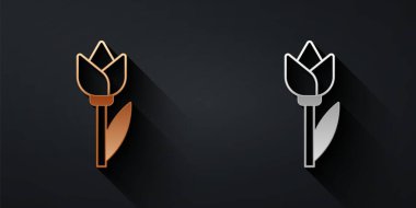 Altın ve gümüş renkli lale ikonu siyah arka planda izole edilmiş. Uzun gölge tarzı. Vektör.