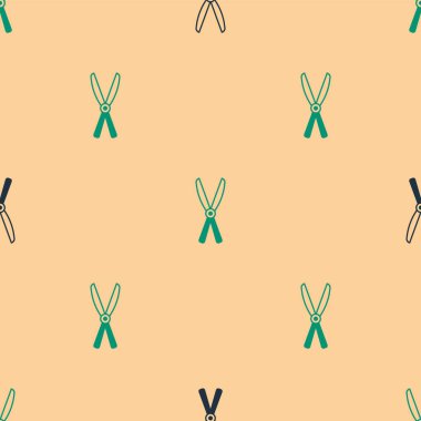 Bej arka planda izole edilmiş ikonu budamak için yeşil ve siyah bahçe makası. Ahşap saplı budama makası. Vektör.