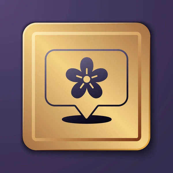 Purple Location with flower icon isolated on purple background. Gold square button. Vector.