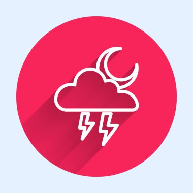 Beyaz çizgi Fırtına simgesi uzun gölgeli izole edilmiş. Şimşek ve ay işareti olan bir bulut. Fırtınanın hava durumu ikonu. Kırmızı daire düğmesi. Vektör.