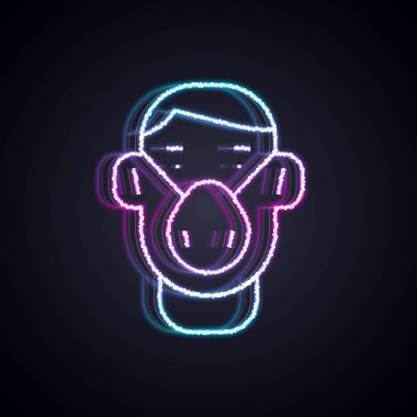 Siyah arka planda izole edilmiş tıbbi koruyucu maske ikonunda parlayan neon çizgili adam yüzü. Karantinaya alın. Vektör.
