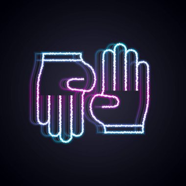Parlayan neon çizgisi lastik eldiven ikonu siyah arka planda izole edildi. Lateks el koruması işareti. Ev işi temizlik ekipmanları sembolü. Vektör.