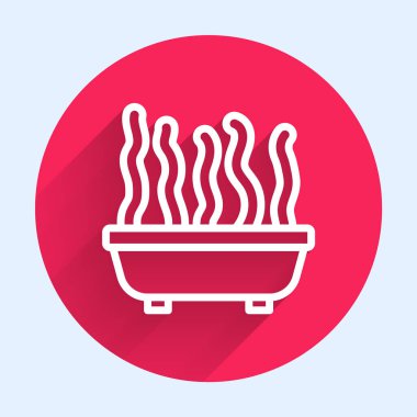 Beyaz çizgili saksı bitkisi uzun gölgeli tencere simgesinde izole edilmiş. Tencerede yetişen bir bitki. Saksı bitkisi işareti. Kırmızı daire düğmesi. Vektör.