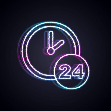 Parlayan neon hattı Saat 24 saat simgesi siyah arkaplanda izole edildi. Tüm gün döngü simgesi. 24 saat hizmet sembolü. Vektör.