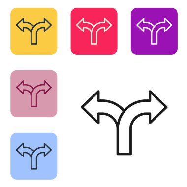 Siyah çizgi trafik levhası. Beyaz arkaplanda sinyal simgesi izole edildi. İşaretçi sembolü. İzole sokak bilgi levhası. Yön tabelası. Renkli kare düğmelerle simgeleri ayarla. Vektör.