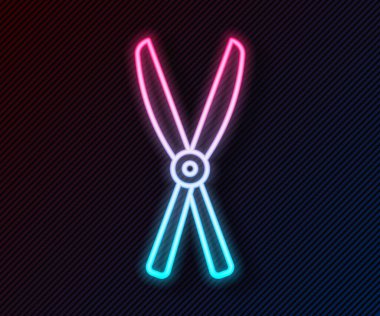 Siyah arkaplanda izole edilmiş simgeyi budamak için parlayan neon çizgisi el yapımı makas. Ahşap saplı budama makası. Vektör.