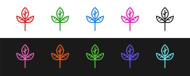 Satır Yaprak simgesi izole edilmiş satır arkaplanı ayarla. İşaret bırakıyor. Taze doğal ürün sembolü. Vektör.