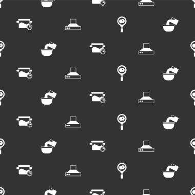 Kızarmış yumurtaları tavaya, tencereye, tencereye ve mutfak vantilatörüne kusursuz bir şekilde yerleştir. Vektör