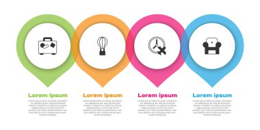 Bavul, sıcak hava balonu, uçak ve Kol sandalyeli saat. Ticari bilgi şablonu. Vektör