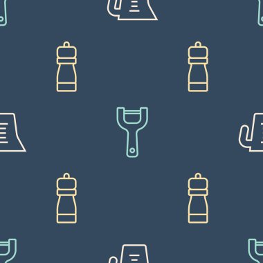 Ölçme kabını, Pepper 'ı ve sebze soyucuyu dikişsiz desene ayarlayın. Vektör