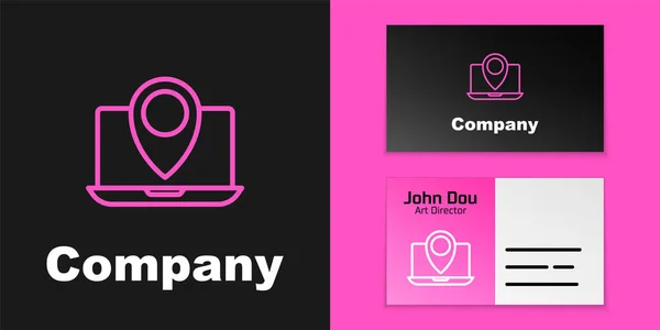 Roze Lijn Laptop Met Locatiemarkering Pictogram Geïsoleerd Zwarte Achtergrond Logo — Stockvector