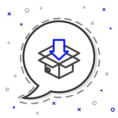 Beyaz zemin üzerinde trafik sembolü simgesi olan çizgi karton kutu. Kutu, paket, paket. Teslimat, ulaşım ve nakliye. Renkli taslak konsepti. Vektör İllüstrasyonu.