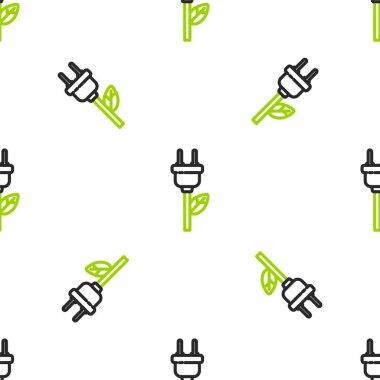 Yaprak simgesindeki Line Electric kaydedilen buji beyaz arkaplanda izole edilmiş pürüzsüz desen. Elektrik tasarrufu. Çevresel koruma. Biyolojik enerji. Vektör İllüstrasyonu.