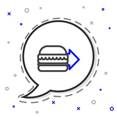 Çevrimiçi sipariş ve hamburger dağıtım simgesi beyaz arka planda izole edildi. Renkli taslak konsepti. Vektör İllüstrasyonu.