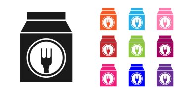 Siyah Çevrimiçi sipariş ve fast food dağıtım ikonu beyaz arka planda izole edildi. Simgeleri renklendirin. Vektör İllüstrasyonu.